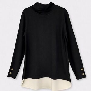 Jones NY Signature Mock Neck Mix Media Tunic Top Women M Black Cream Career NWT